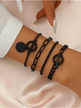 Black Layered Toggle Chain Bracelet Set - Women Jewelry